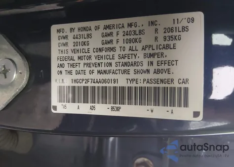 2010 Honda Accord 2.4 Ex z USA, uszkodzony, nr VIN 1HGCP2F74AA060191